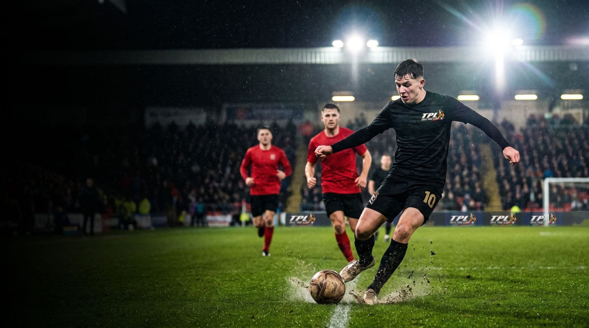 A TPL player strikes the ball under the floodlights