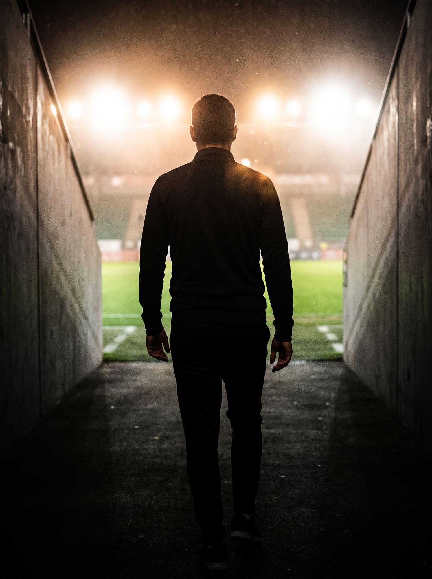 A player walks out of the tunnel towards a floodlit pitch
